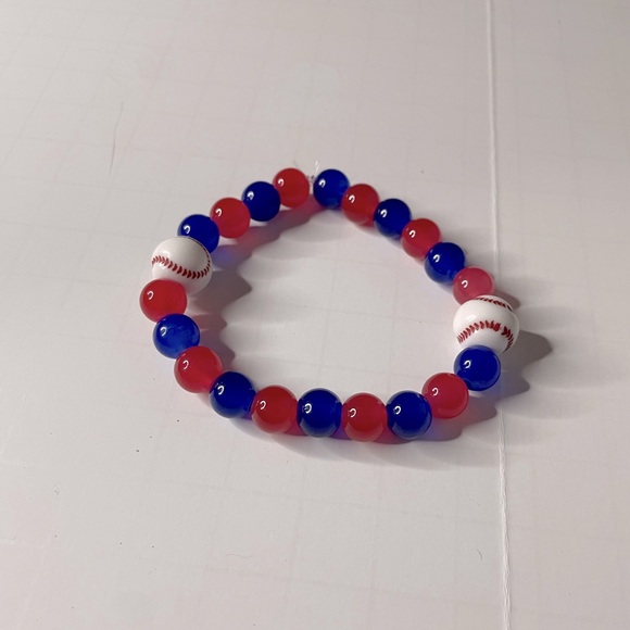 Handmade Elastic Red and Blue Baseball Bracelet - Picture 1 of 4